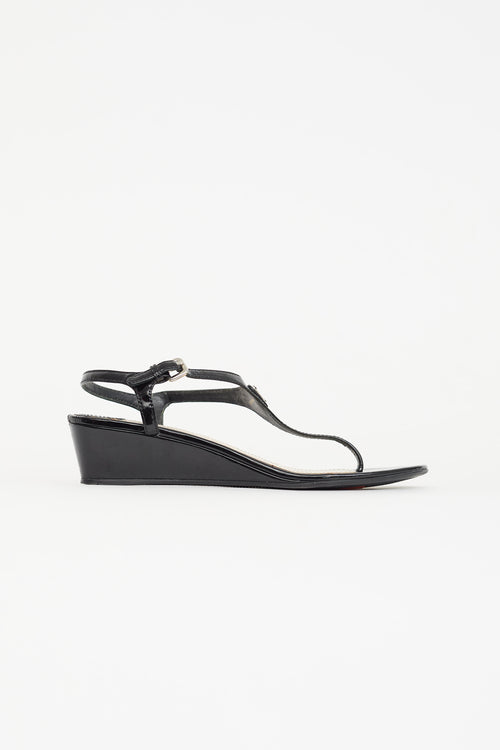 Prada Black Patent Leather Wedge Sandal