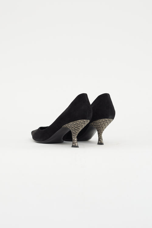 Prada Black Suede Woven Heel Pump