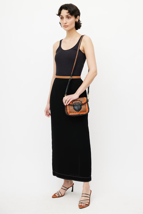 Prada Black 
Orange Madras Woven Shoulder Bag