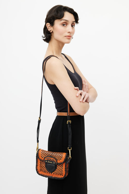 Prada Black 
Orange Madras Woven Shoulder Bag