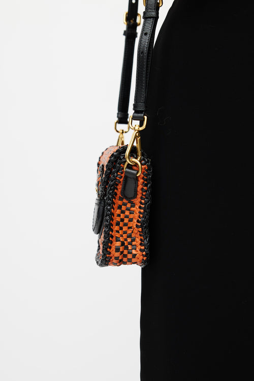 Prada Black 
Orange Madras Woven Shoulder Bag