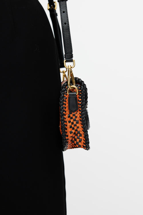 Prada Black 
Orange Madras Woven Shoulder Bag