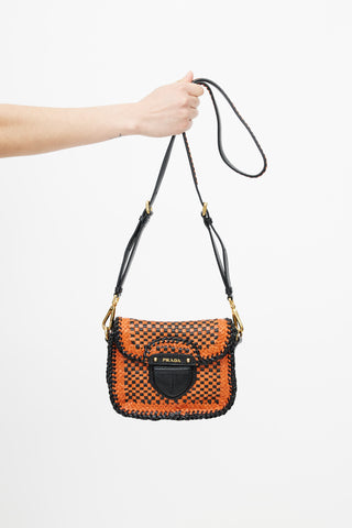 Prada Black 
Orange Madras Woven Shoulder Bag