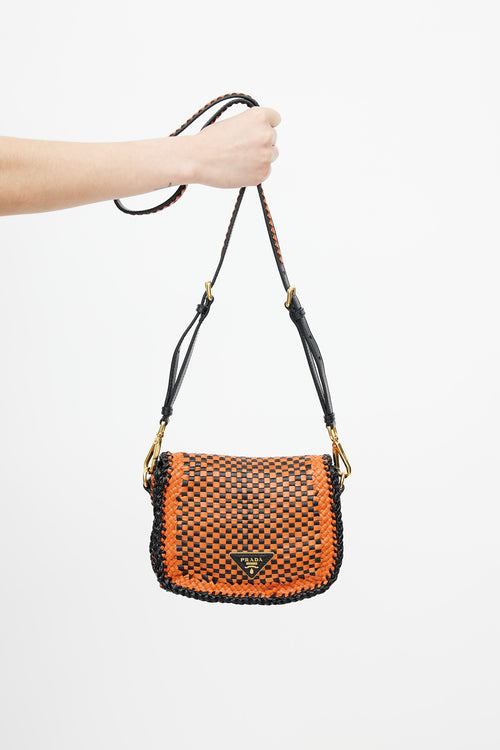 Prada Black 
Orange Madras Woven Shoulder Bag