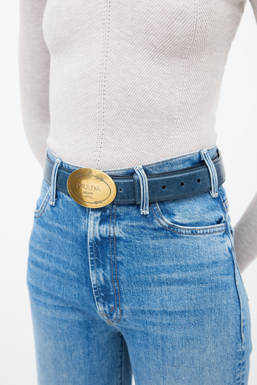 Prada Blue Leather 
Gold Oval Logo Buckle Belt