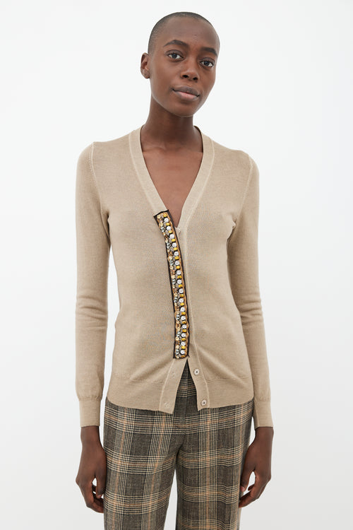 Prada Brown Gem Embellished V-Neck Cardigan