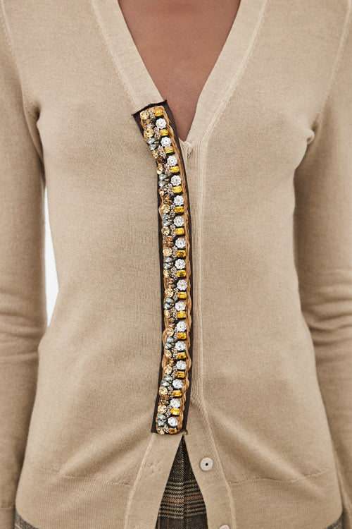 Prada Brown Gem Embellished V-Neck Cardigan