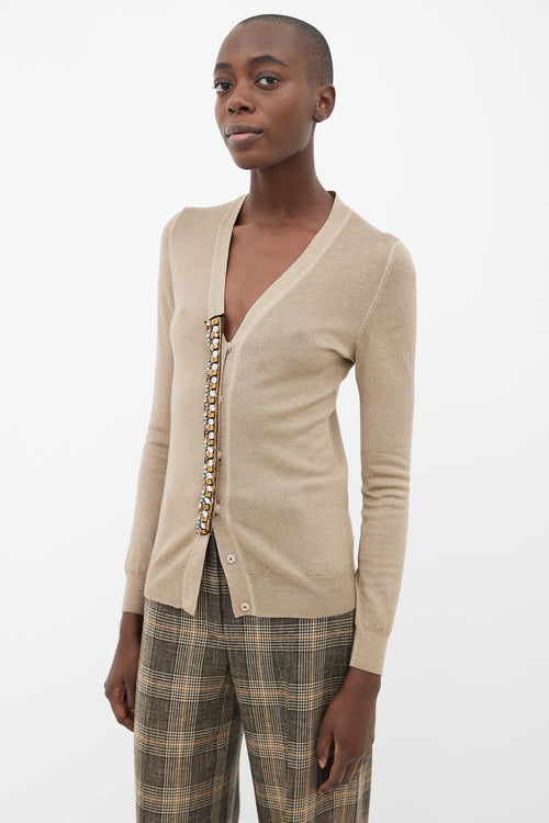 Prada Brown Gem Embellished V-Neck Cardigan