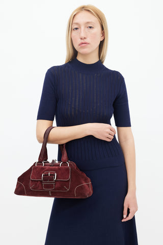 Prada Burgundy Suede Contrast Stitch Shoulder Bag