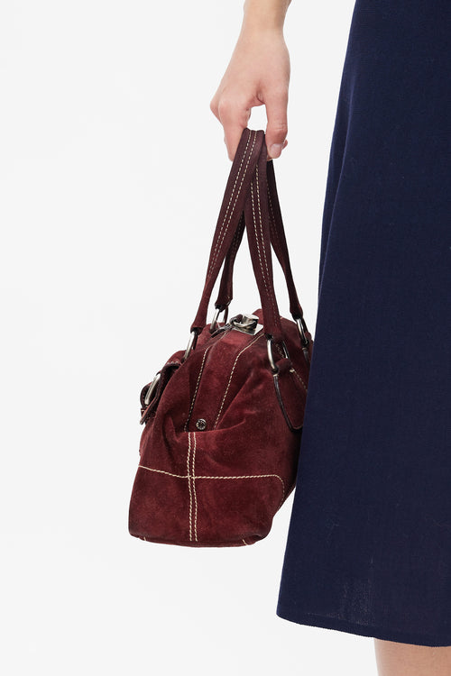 Prada Burgundy Suede Contrast Stitch Shoulder Bag