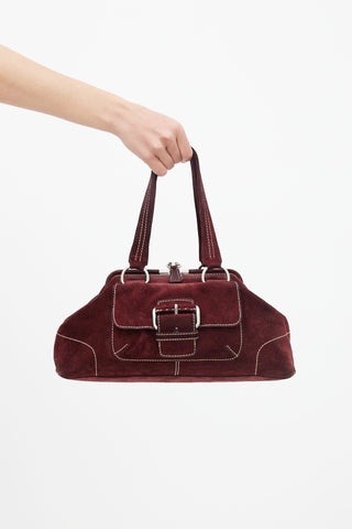 Prada Burgundy Suede Contrast Stitch Shoulder Bag