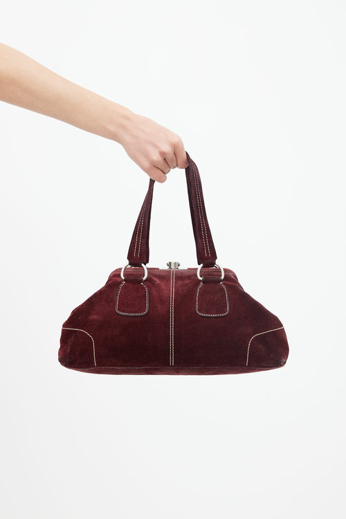 Prada Burgundy Suede Contrast Stitch Shoulder Bag