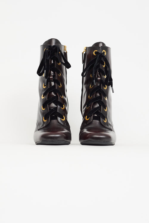 Prada Burgundy 
Gold Tone Ankle Boot