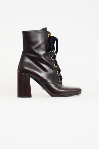 Prada Burgundy 
Gold Tone Ankle Boot