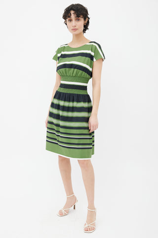 Prada Green, Navy 
White Striped Gathered Dress