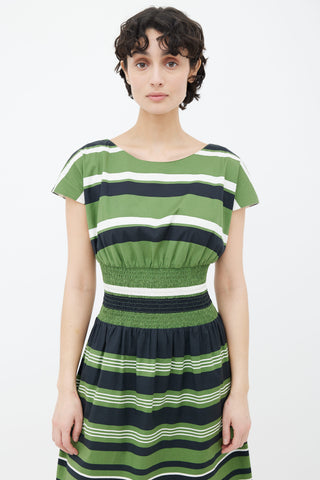 Prada Green, Navy 
White Striped Gathered Dress