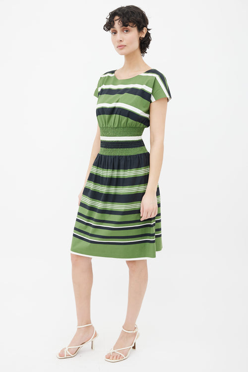 Prada Green, Navy 
White Striped Gathered Dress