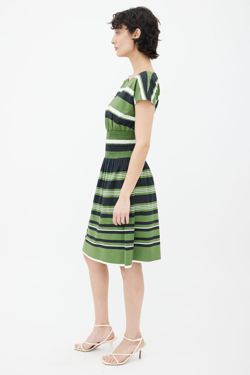 Prada Green, Navy 
White Striped Gathered Dress