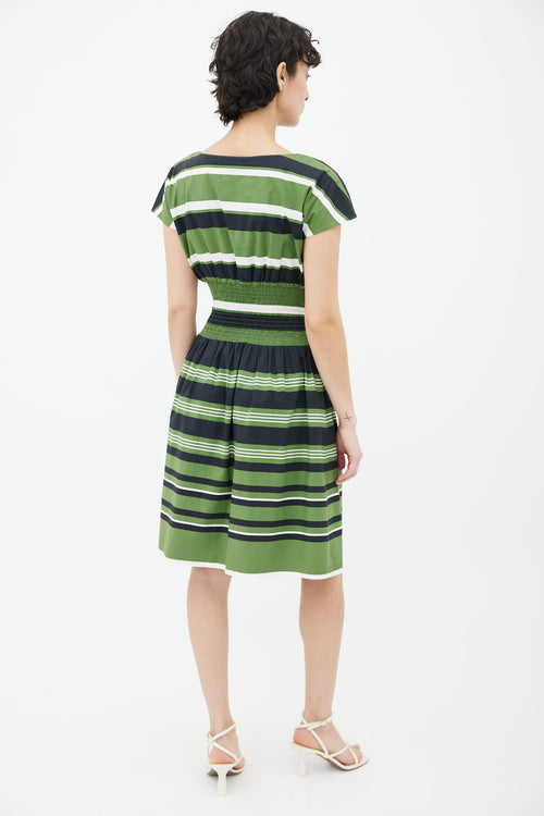 Prada Green, Navy 
White Striped Gathered Dress