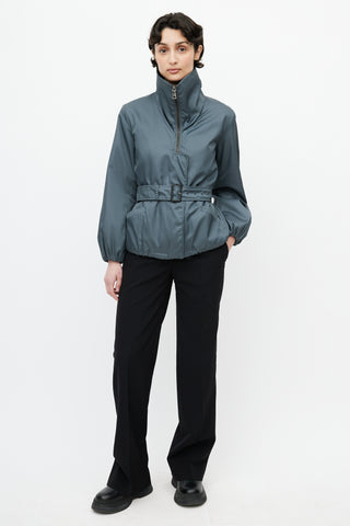 Prada Green Funnel Neck Belted Jacket