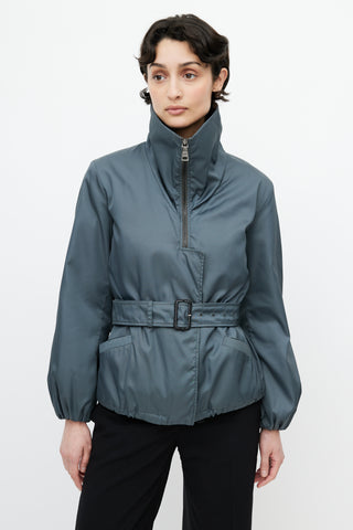 Prada Green Funnel Neck Belted Jacket