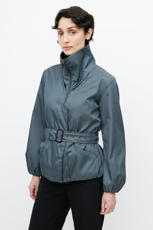 Prada Green Funnel Neck Belted Jacket