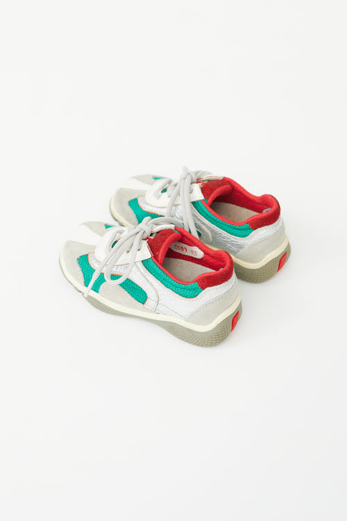 Prada Kids Silver, Green 
Red Lace-Up Sneaker