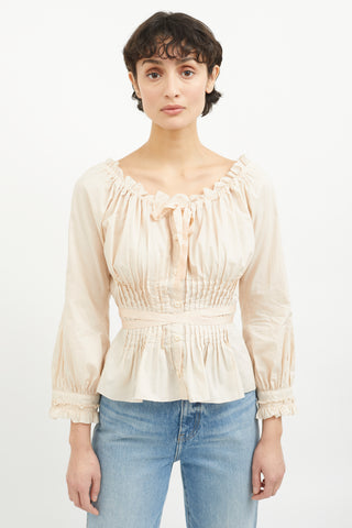 Prada Pink Pleated 
Ruffle Tie Neck Top