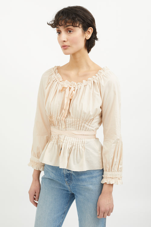 Prada Pink Pleated 
Ruffle Tie Neck Top