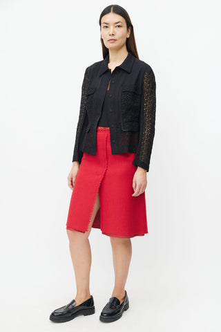 Prada Red Wool A-Line Midi Skirt