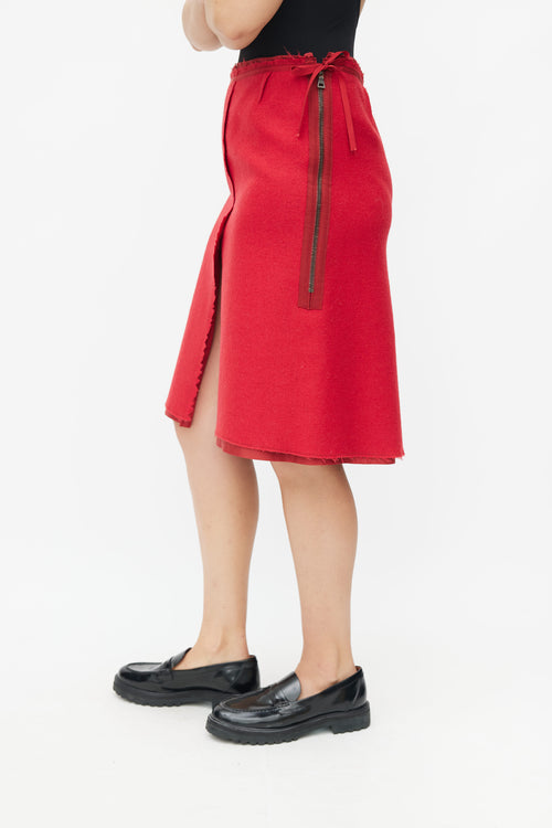 Prada Red Wool A-Line Midi Skirt