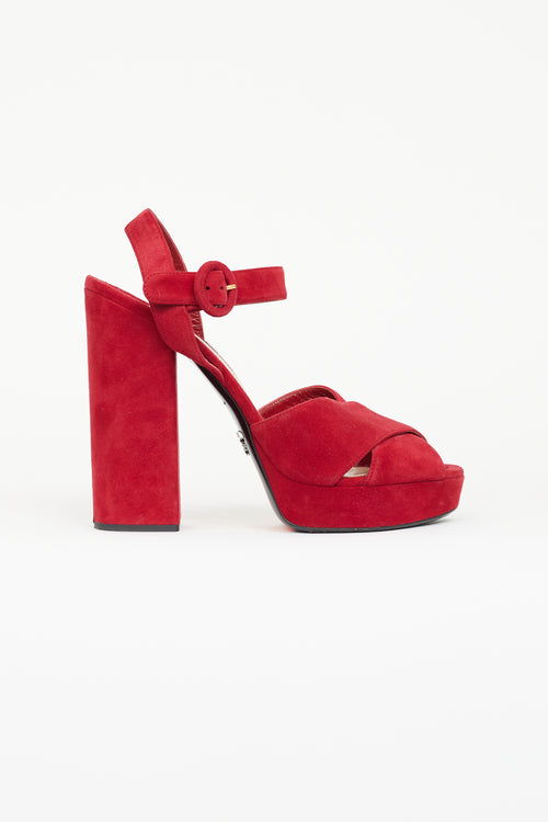 Prada Red Suede Sandal Platform Heel