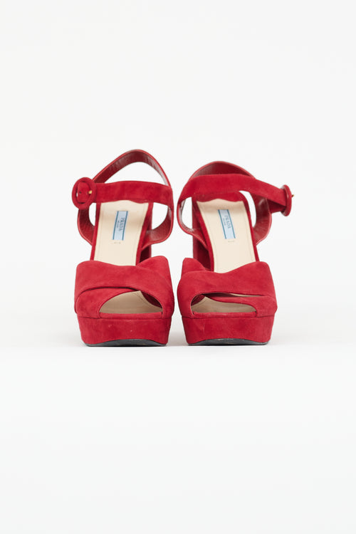 Prada Red Suede Sandal Platform Heel