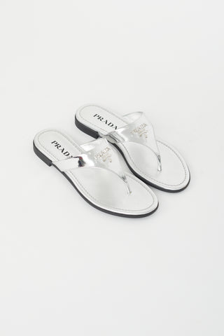 Prada Silver Leather Logo Flip Flop