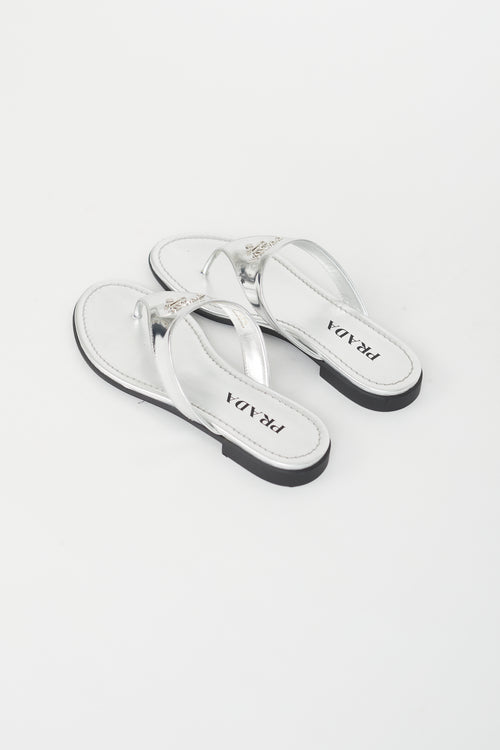 Prada Silver Leather Logo Flip Flop