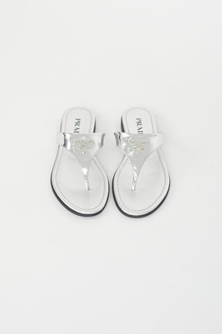 Prada Silver Leather Logo Flip Flop