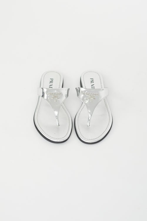 Prada Silver Leather Logo Flip Flop