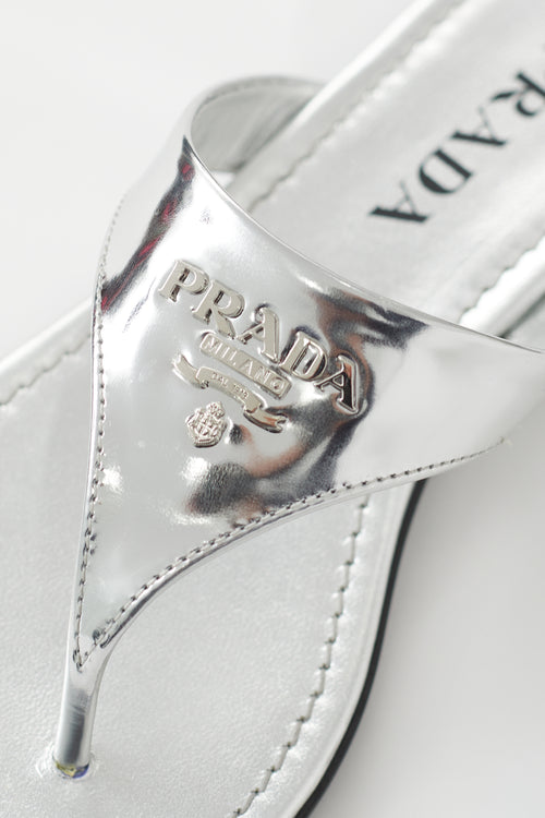 Prada Silver Leather Logo Flip Flop