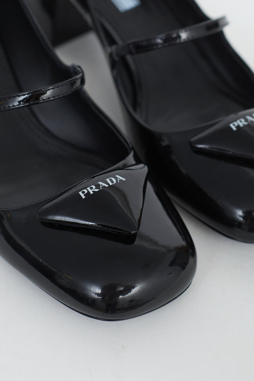 Black Patent Leather Triangle Logo Mary Jane Pumps