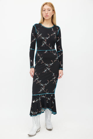 Preen Black Floral Print 
Contrast Stitch Dress