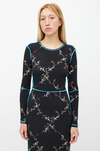 Preen Black Floral Print 
Contrast Stitch Dress