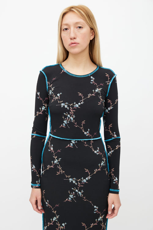 Preen Black Floral Print 
Contrast Stitch Dress