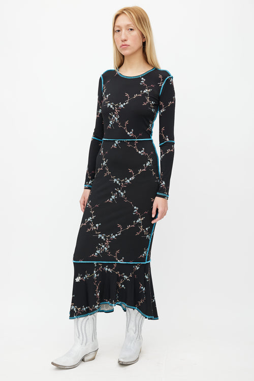 Preen Black Floral Print 
Contrast Stitch Dress