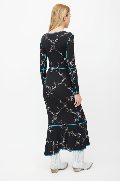 Preen Black Floral Print 
Contrast Stitch Dress