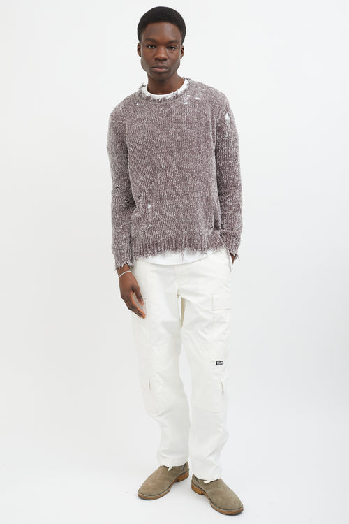 R13 Grey Knit Distressed Chenille Crewneck Sweater