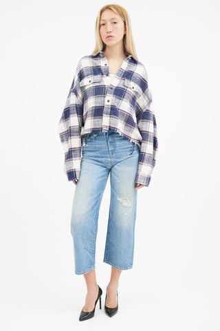 R13 Navy 
White Plaid Cropped Work Shirt