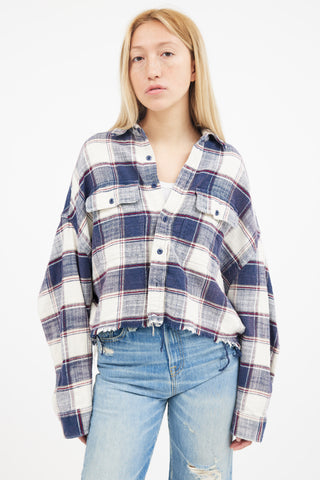 R13 Navy 
White Plaid Cropped Work Shirt