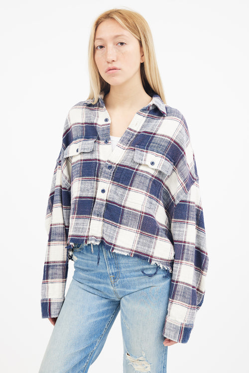 R13 Navy 
White Plaid Cropped Work Shirt