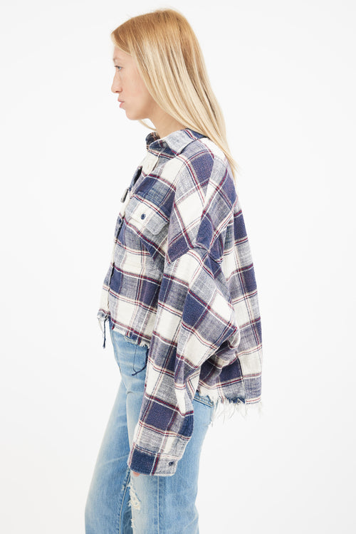 R13 Navy 
White Plaid Cropped Work Shirt