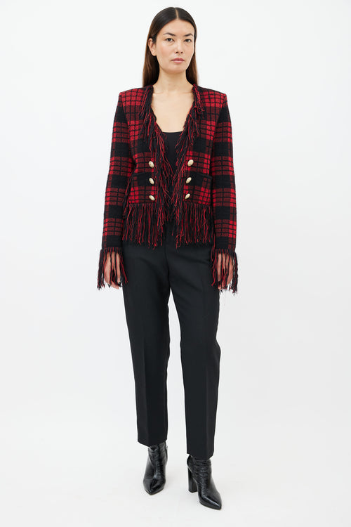 Balmain Pre-Fall 2017 Red 
Black Tweed Fringe Blazer